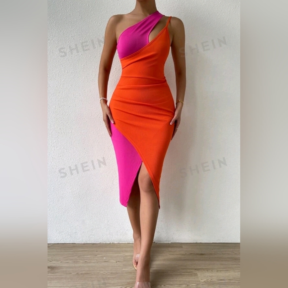 Two Tone Cut Out One Shoulder Asymmetrical Hem Dress
